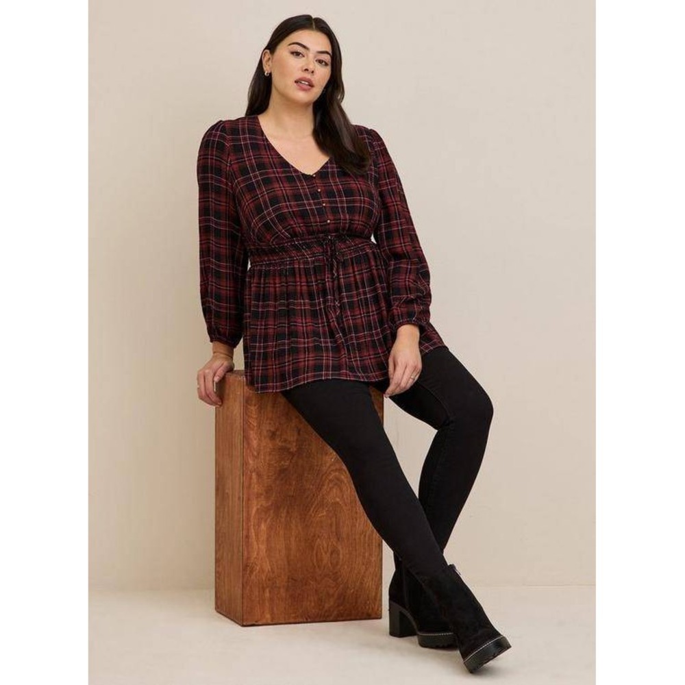 Torrid Red Black Plaid Button Front Smocked Waist Long Sleeve Tunic Top Size 2